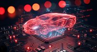 Futuristic holographic car projection on circuit board with glowing red lights and digital interface elements for automotive technology concepts.