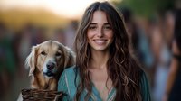 Young woman with long brown hair wearing turquoise dress smiling while golden retriever dog peeks over her shoulder in outdoor setting with soft bokeh background.