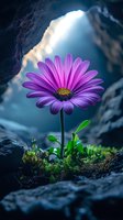 Vibrant purple African daisy growing through rocks with dramatic lighting, moss and green leaves against moody blue background, creating magical garden atmosphere.