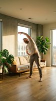 Middle-aged Caucasian man with beard doing side stretch exercise at home in bright modern living room with plants and wooden floor.