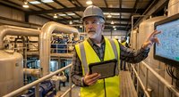 Senior male engineer with white beard wearing safety vest and hard hat reviewing digital tablet while pointing at industrial control panel in modern manufacturing facility.