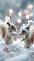 Two adorable knitted squirrel toys in winter snow with warm bokeh lights creating magical holiday atmosphere for seasonal decorations and crafts.