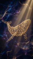Golden wireframe whale swimming through cosmic nebula with stardust and light rays creating mystical underwater space scene for digital art projects.
