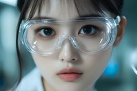 Young Asian female scientist wearing protective transparent safety goggles in laboratory environment with soft teal background lighting.