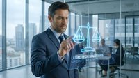 Professional businessman in suit interacting with holographic justice scales interface in modern office, representing legal technology and digital law solutions.