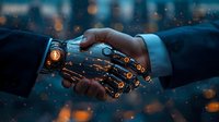 Robotic and human hands joining in handshake with glowing circuit patterns and bokeh lights in dark background, representing AI technology and human collaboration.