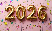 Gold foil balloons forming number 2026 on pink background with colorful confetti and streamers scattered around for new year celebration and party decoration.