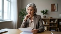 Thoughtful senior businesswoman with gray hair reviewing documents at office desk, professional mature female executive working.