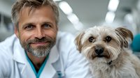 Caring mature male veterinarian in white coat with gray beard smiling while examining small mixed breed terrier dog at modern veterinary clinic office.