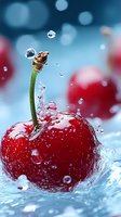Fresh red cherry splashing in clear water with droplets and bubbles against soft blue background for summer beverage and healthy food concepts.