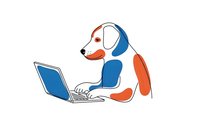Dog wearing headphones typing on laptop computer for remote work and online learning concepts isolated on white background.