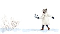 Young woman in white winter coat walking through snowy landscape with blue birds, watercolor style illustration on white background. Whimsical winter scene.