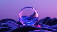 Glowing crystal sphere on wavy surface with neon purple and blue lighting effects creates futuristic mood, suitable for technology and innovation concepts.