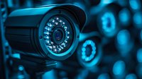 Modern security surveillance camera with LED infrared lights glowing in blue tones against dark background, highlighting advanced monitoring technology.