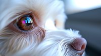 Close-up macro shot of white dog eye and nose showing detailed view of brown iris, eyelashes, and pink nose with reflection in eye. Emotional pet photography.