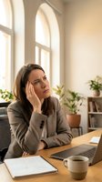 Stressed businesswoman with headache working at laptop in bright modern office with plants and natural light streaming through arched windows.