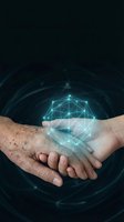 Two hands clasped together with glowing digital network hologram emerging from palms against dark background, representing partnership, technology connection, and business collaboration for corporate communications.