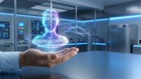 A person's hand holds a glowing holographic human head with neural network patterns in a modern laboratory or tech facility environment for innovation and digital transformation concepts.