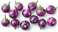 Fresh round purple eggplants with green stems scattered on white background, isolated organic produce for culinary and food photography.