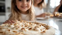 Young girl with blonde hair smiling at freshly baked homemade pizza with melted cheese and toppings on kitchen counter, family cooking moment captured in warm lighting.