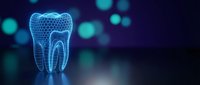 Digital wireframe tooth model with glowing blue neon lights on dark background for dental technology and healthcare innovation concepts.