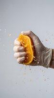 Hand squeezing fresh orange slice with juice splashing against neutral background. Ideal for beverage, citrus, and healthy lifestyle marketing campaigns.