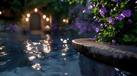Tranquil evening garden scene with purple flowers beside illuminated swimming pool and warm glowing lights creating peaceful backyard ambiance for relaxation.