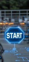 Glowing blue neon start sign with digital interface elements and circuit paths on blurred urban background with bokeh lights. Futuristic technology concept.