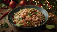 Festive pad thai with shrimp, crushed peanuts, and lime wedges served on dark plate against blurred Christmas lights and decorations background. Fresh herbs garnish.