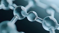 Molecular structure visualization in teal tones showing connected spherical atoms and bonds, macro view against dark background for scientific research concept.