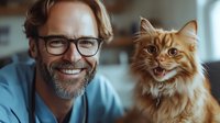 Cheerful mature man with glasses and gray beard posing with ginger long-haired cat at home. Both smiling and looking at camera showing positive emotions and bond.
