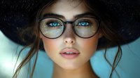 Young woman with striking blue eyes wearing glasses and wide-brimmed black hat against turquoise background. Natural makeup and loose brown hair frame her face.