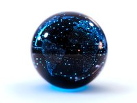 Glowing blue crystal ball with world map silhouette and starry effect against dark background, mystical fortune telling sphere on reflective surface.