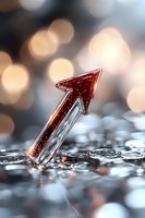 Red glowing arrow pointing upward among scattered coins with soft bokeh background, symbolizing financial growth and investment success in business.