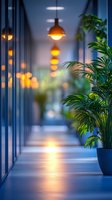 Modern office corridor with warm pendant lights creating cozy atmosphere. Palm plant in blue pot adds natural element against glass walls and reflective floor.