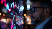 Middle-aged businessman in glasses analyzing financial market data on digital screen with glowing stock charts and trading indicators in dark office environment.