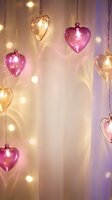 Romantic heart-shaped glass ornaments hanging with warm bokeh lights creating dreamy atmosphere for Valentine's Day celebrations and love themes.