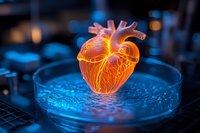 Glowing anatomical heart model in petri dish with blue laboratory background, showcasing cardiovascular research and medical education concepts.