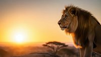 Majestic male lion with flowing mane silhouetted against golden sunset in African savanna with acacia tree creating dramatic wildlife portrait.