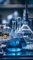 Glass Erlenmeyer flask containing blue liquid solution in scientific laboratory setting with other glassware and equipment in soft focus background.