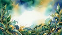 Abstract watercolor background with ornamental foliage, gold accents, and flowing botanical elements. Suitable for elegant designs, invitations, and decorative projects.