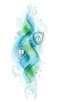 Digital cybersecurity concept with flowing data stream, shield locks and circuit patterns in blue green watercolor style for tech presentations.
