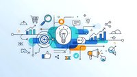 Digital marketing strategy concept with lightbulb, target, charts, megaphone and business icons on white background for presentations and campaigns.