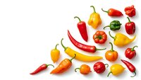 Colorful assorted hot chili peppers and bell peppers scattered on white background. Fresh spicy vegetables for cooking, seasoning and culinary recipes.
