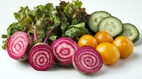 Fresh sliced candy stripe beets with yellow cherry tomatoes, cucumber rounds and mixed salad greens arranged on white background for healthy eating concept.