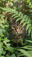 Tabby cat with yellow eyes peering through green fern fronds and foliage in natural garden setting, wildlife and nature photography.