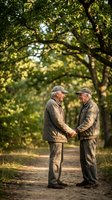 Two elderly Caucasian men in caps shaking hands on forest path under green tree canopy, friendship and meeting concept for outdoor lifestyle content.