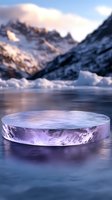Translucent round platform on frozen lake surface against snowy mountain backdrop, illuminated by soft purple sunset light creating ethereal winter atmosphere.