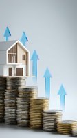 Wooden house model on stacked coins with blue upward arrows showing real estate investment growth and property value increase concept.