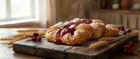 Fresh baked croissants with cranberry jam on rustic wooden board in warm kitchen setting. Perfect for bakery menus, breakfast concepts, and food blogs.
